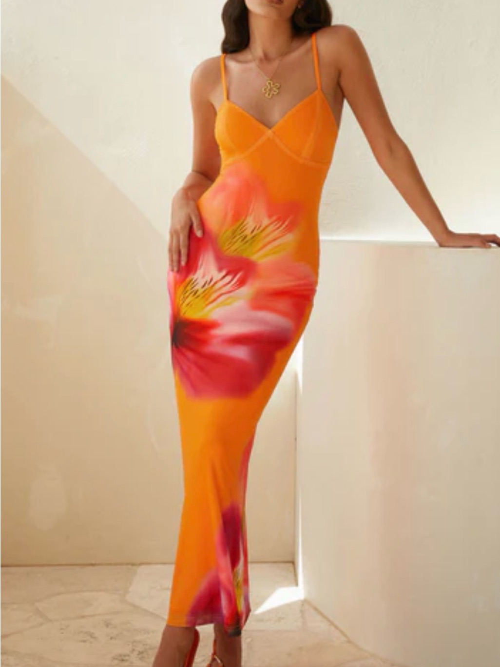 Peppermayo Orange Maxi Slip Dress With Pink Floral Print